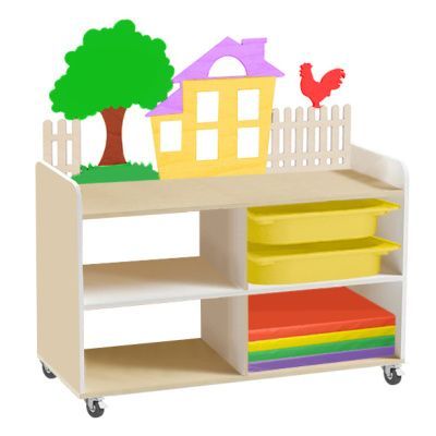 РК Тумба для игрушек и пособий 4 односторон. на колесах с 2-мя контейнерами и матами 890х450х1000мм