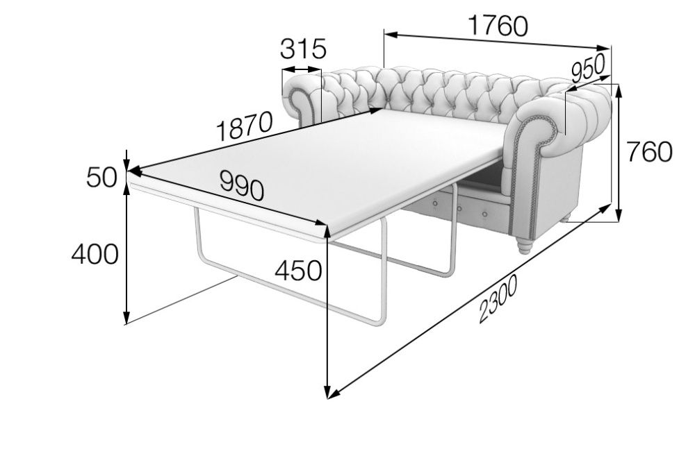 Честер-Люкс Диван 2-местный раскладной (1760*950*760 (990*1870*450))